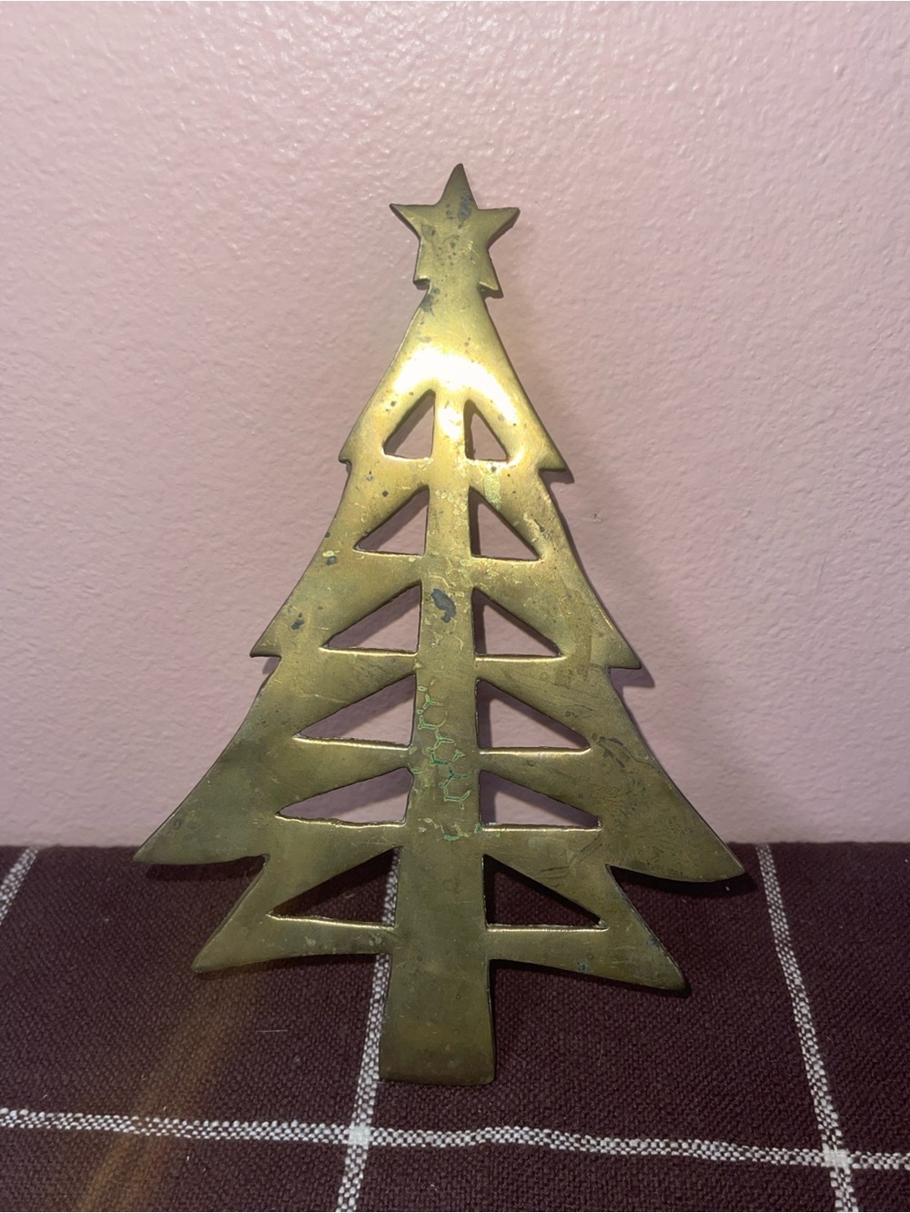 Golden Solid Brass Metal Holiday Christmas Tree Shape Trivet Vintage